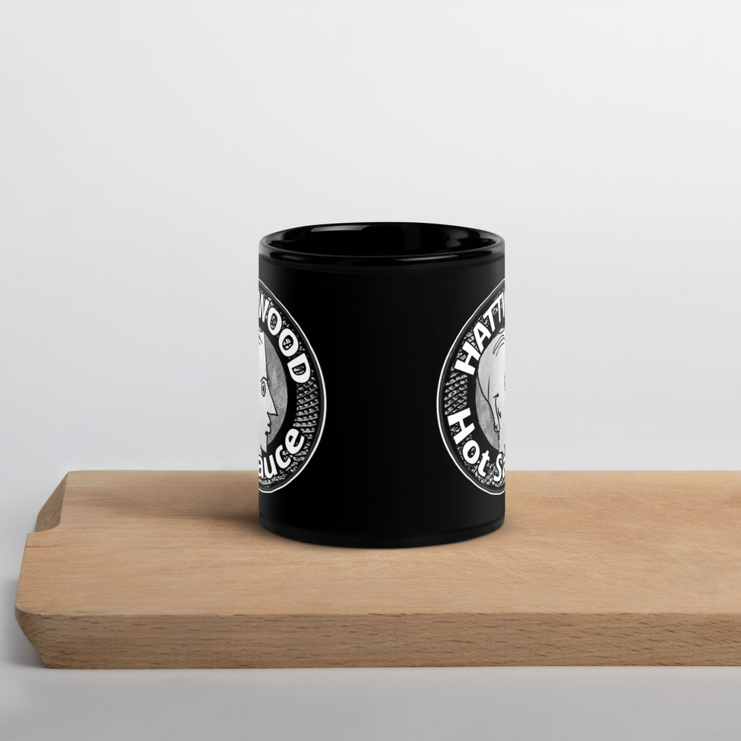 Hattwood Tea Mug. Original Detail Logo in Black & White on a Black Glossy Mug