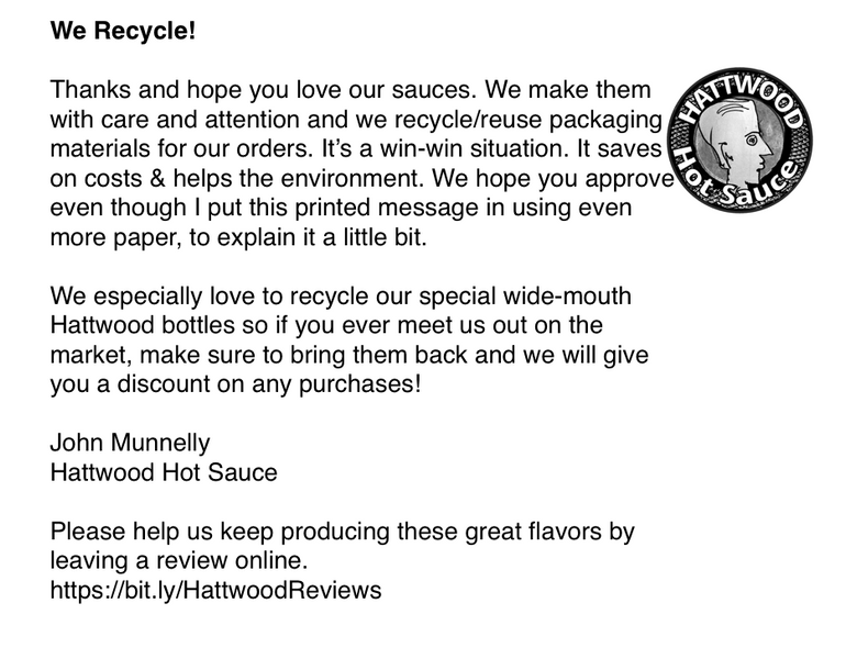 Hattwood Hot Sauce Saves and recycles