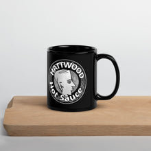 Hattwood Tea Mug. Original Detail Logo in Black & White on a Black Glossy Mug